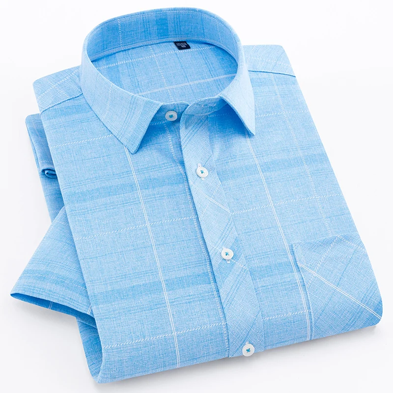

Plaid Summer Mens Fashion Casual Shirt Short Sleeve Dress Shirt social mens Slim Imitation line Shirt camisa masculina easy care