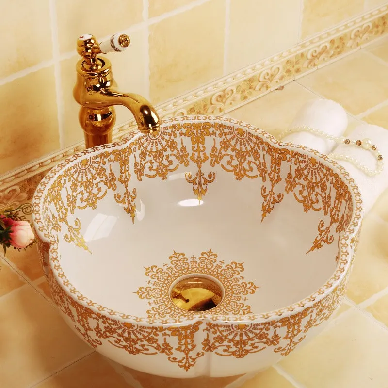 Европейский Винтажный стиль ручная роспись умывальник искусство для ванны, с установкой на столешницу ручная роспись раковины в форме цветка золотой узор раковина для ванной комнаты - Цвет: design 1