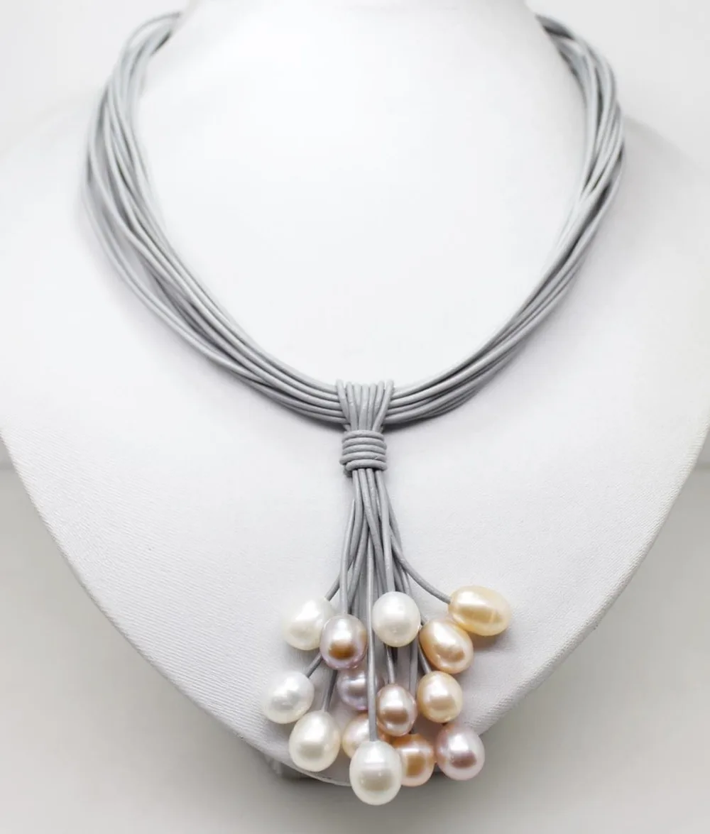 01 12 мм rel blanc rose violet perle d'eau douce pendentif collier en cuir cordon Magnet fermoir bijoux de mode|Ожерелья| |