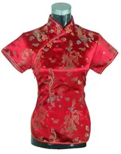 New Fashion Red Women’s Satin Tang Suit Printed Shirt Tops Short-Sleeve Blouse Dragon Phenix Totem Size S M L XL XXL J003-C