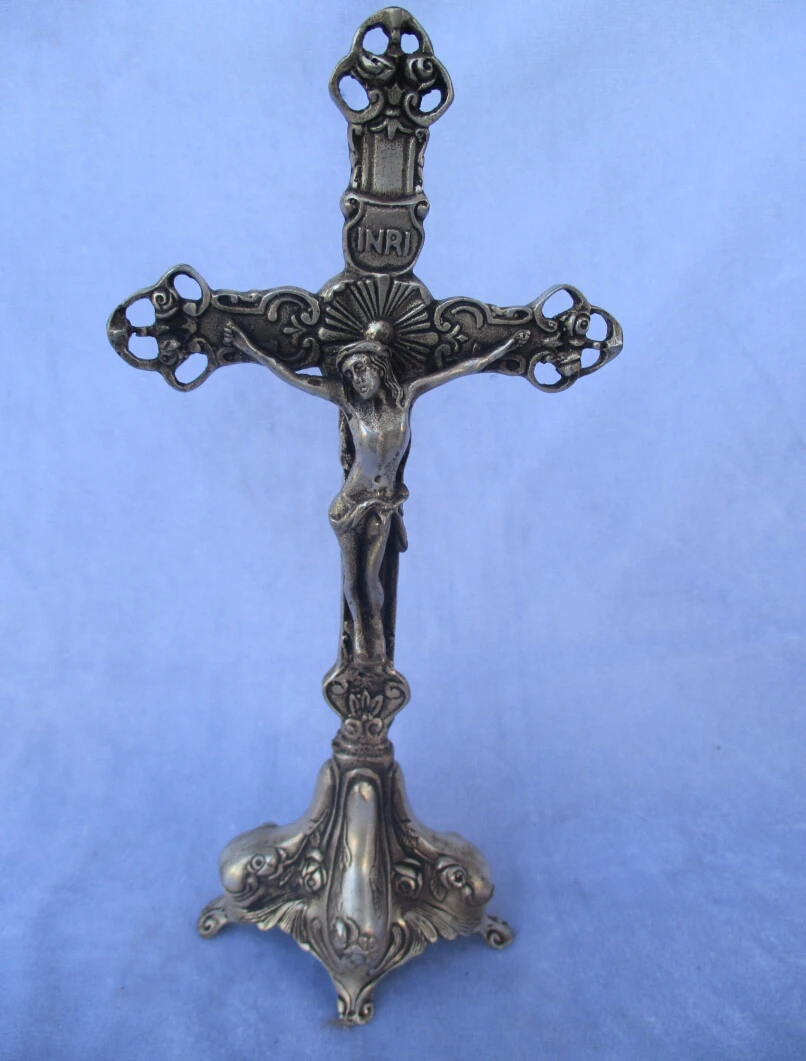 

Collectible Old Handwork Tibet Silver Carved INRI Statue/Home Decoration Jesus cross Sculpture, High 9inch