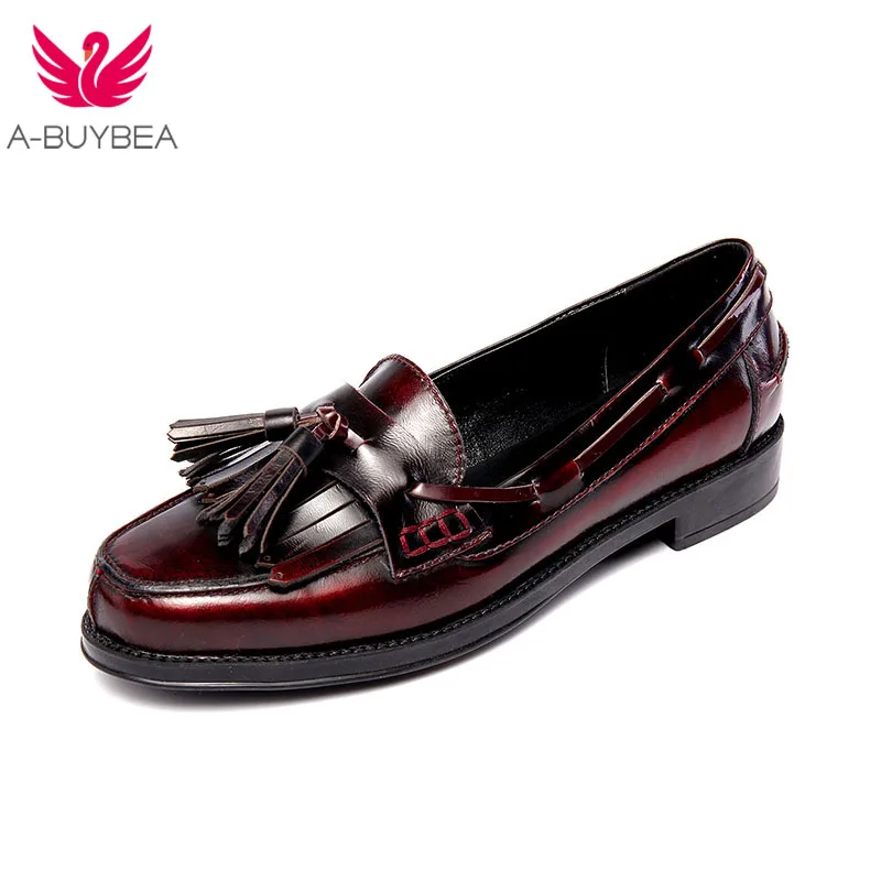 

A-BUYBEA New Real Leather Fringe Women Flats Shoes Fashion Daily Round Toe Flat Heels Shoes Women Spring Autunm Footwear