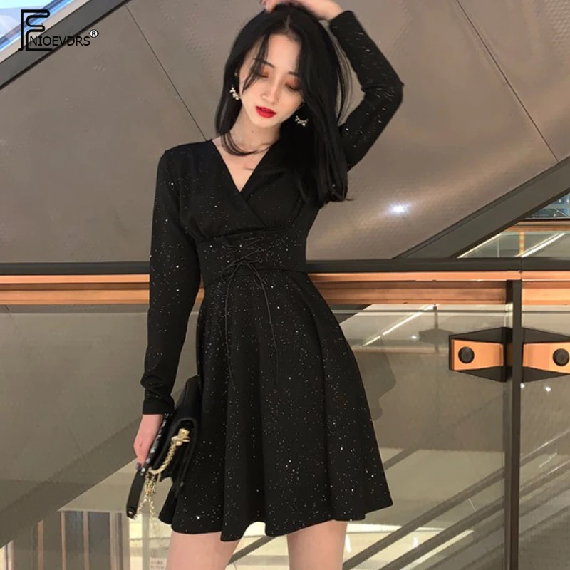 

2019 Design A Line Dresses Hot women fashion long sleeve slim high waist glitter bling party club wear mini little black dress