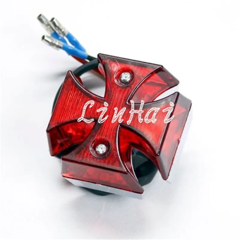 New Red Lens Motorcycle Mini Universal Chrome Maltese Cross LED Tail Brake Rear Light |