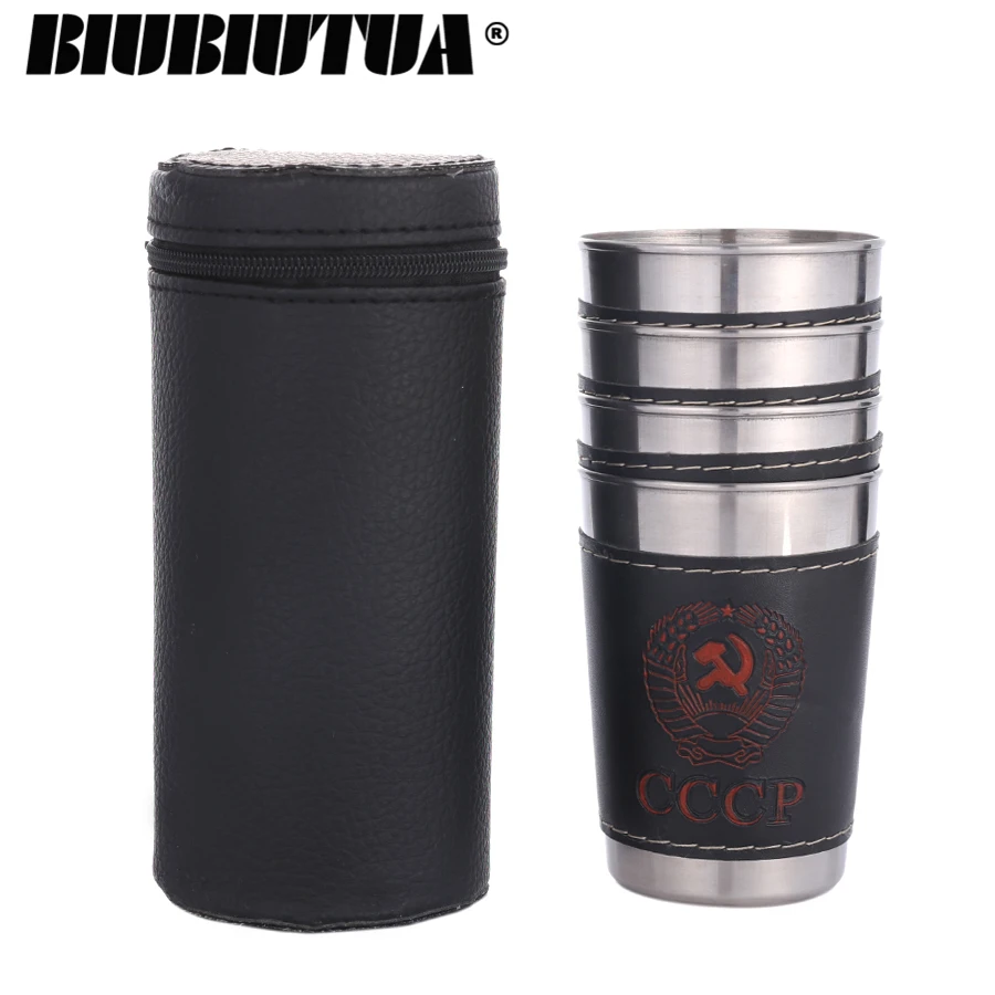 

BIUBIUTUA 4pcs 170ml Stainless Steel Cup With Leather Case Mini Portable Wine Whisky Cup Camping Travel Accessories Flask Cups