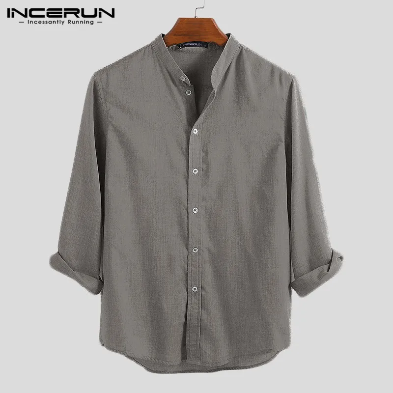 INCERUN Новая мужская рубашка воротник-стойка с длинным рукавом простая Camisa Masculina Уличная Повседневная шикарная Свободная рубашка мужская плюс размер