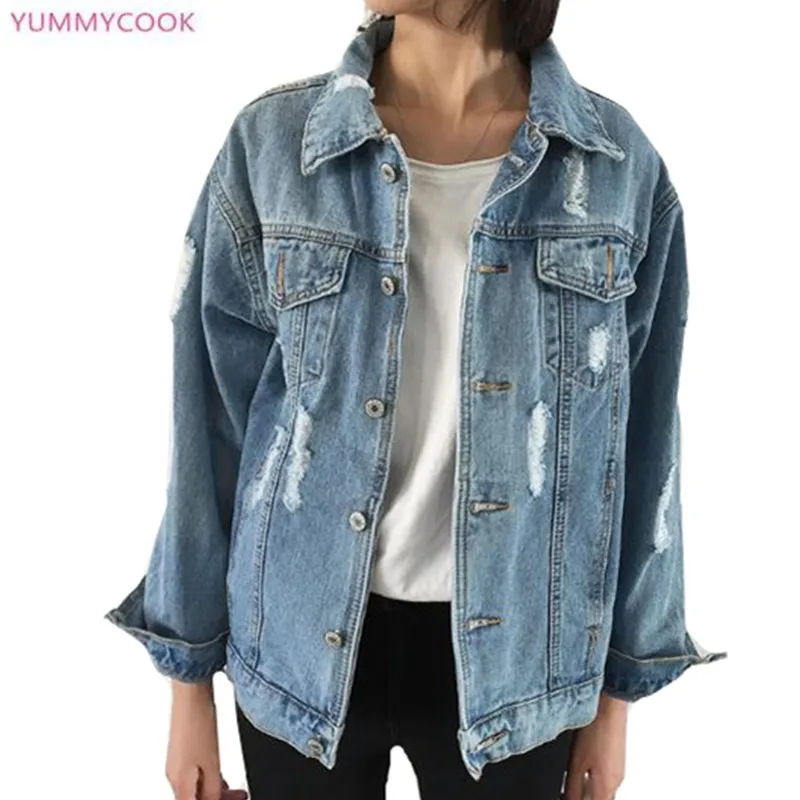 

YUMMYCOOK Spring autumn new casual retro loose hole denim jacket women basic jacket large size Single-breasted denim jacket 15
