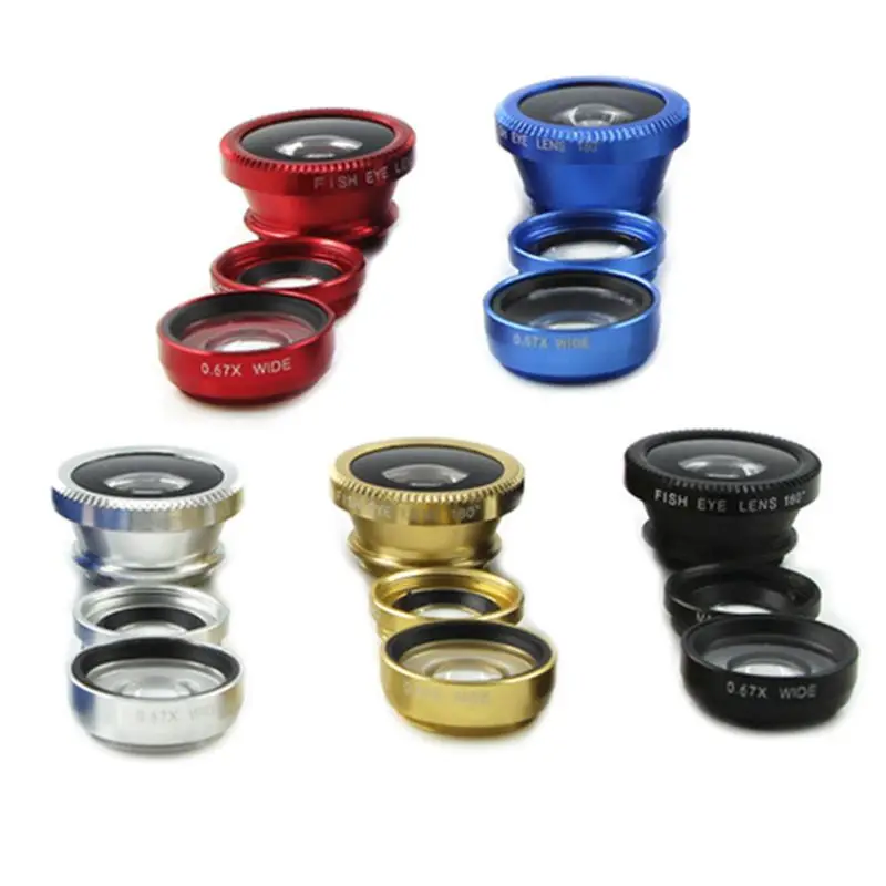 

Aluminum Alloy 3 In 1 Wide Angle Macro Fish Eye Lens Mobile Phone Camera Lens Kit with Clip for iPhone Samsung Cell Phones Acces