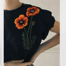 Лето, женские повседневные топы с вышитыми цветами, черные, короткий рукав, хлопок, женская футболка s, Женские топы и футболки, одежда