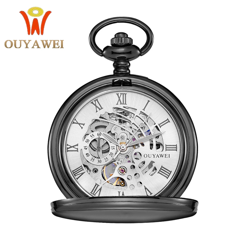 Античный скелет карманные часы цепь мужские часы с винтажным браслетом Скелет Мужские часы Прозрачный черный ретро Fob часы подарок