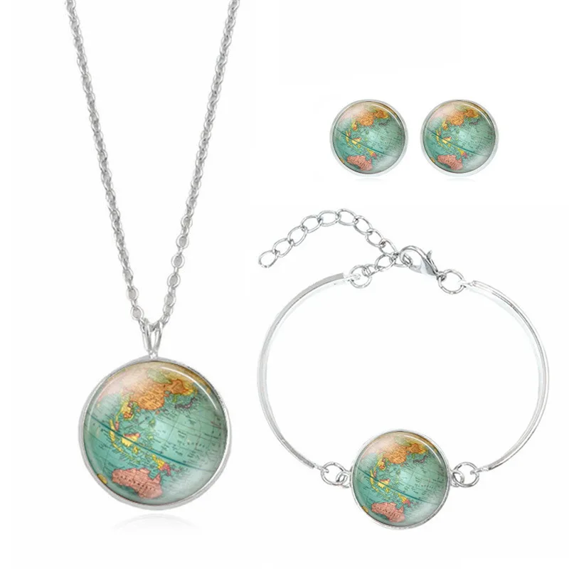 

1Set=4Pcs Brand Jewelry Set with Silver Plated Glass Cabochon World Map Pattern Necklace Earring&Bracelet for Women Gift