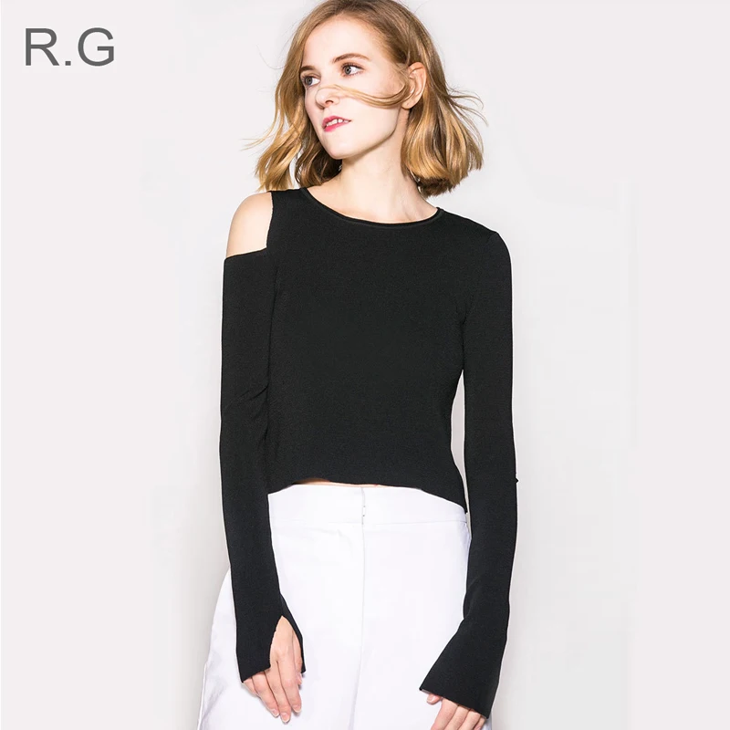Sexy Hollow Out Design Sweater Women Long Sleeve Off-Shoulder Split Pullovers Black Green Red Knitting Sweaters Autumn Winter | Женская