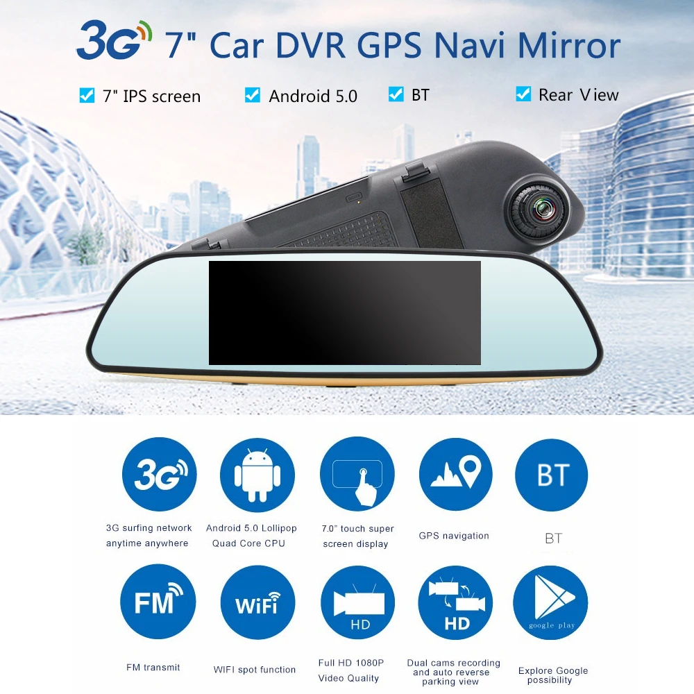 

KKMOON 7" 3G Car Camera DVR GPS BT Dual Lens Rearview Mirror Video Recorder Android 5.0 Automobile DVR Mirror Dash cam