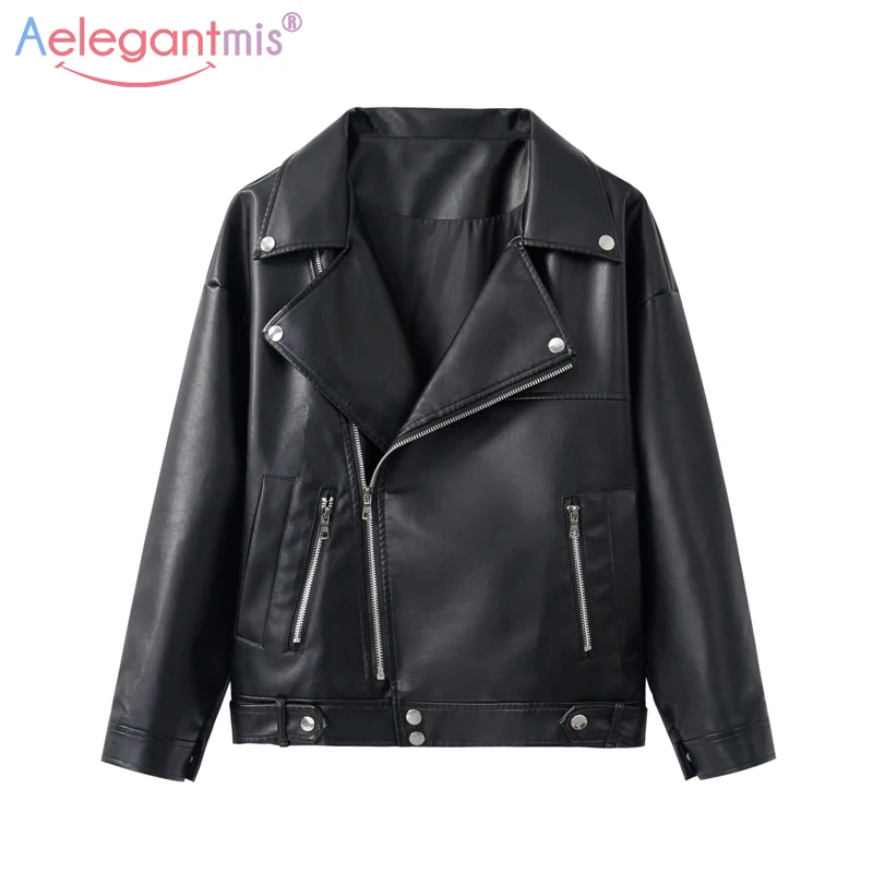 

Aelegantmis New Loose PU Faux Leather Jacket Women Classic Moto Biker Jacket Spring Autumn Lady Basic Coat Plus Size Outerwear