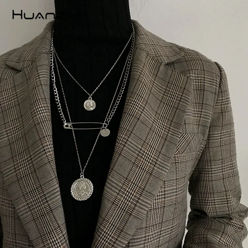 

HUANZHI Coin Portrait Paper Clip Pendant Design Punk Chic Silver Gold Color Metal Long Chain Necklaces For Women Men Jewelry