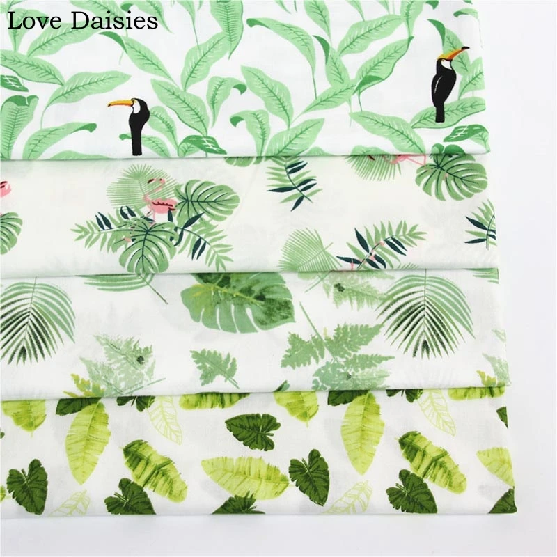 

100% cotton twill cloth fresh GREEN cartoon leave black bird pink flamingo fabric for DIY bedding cushion apparel handwork decor