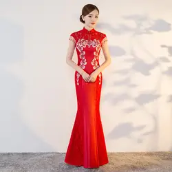 Красный современный Cheongsam Сексуальная Qipao Для женщин длинные традиционные китайские платья Восточный Свадебные платья вечернее платье