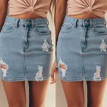 Женская джинсовая мини-юбка с рваной отделкой, джинсовая юбка-карандаш средней длины, сексуальная джинсовая юбка