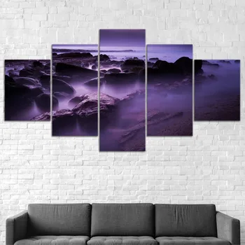

5 Piece Modern Home Decor Purple Beach Rocks Canvas Print Painting Framed Home Decor Wall Art Poster
