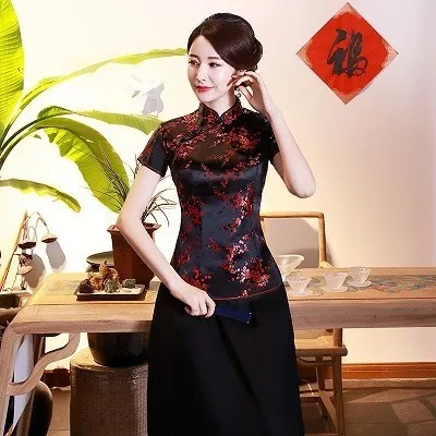 SHENG COCO 4XL 10 цветов китайские Топы Qipao рубашки сливы с цветочным узором Топы Cheongsam атласные летние женские черные красные розовые - Цвет: black red