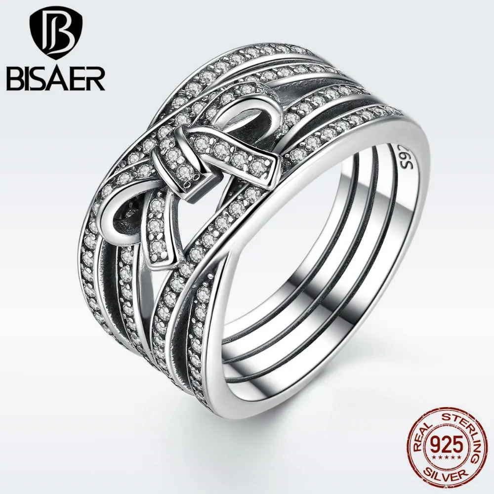 

BISAER Authentic 925 Sterling Silver Bow Knot Bowknot DELICATE SENTIMENTS Female RING Finger Ring Silver 925 Jewelry WEU7189