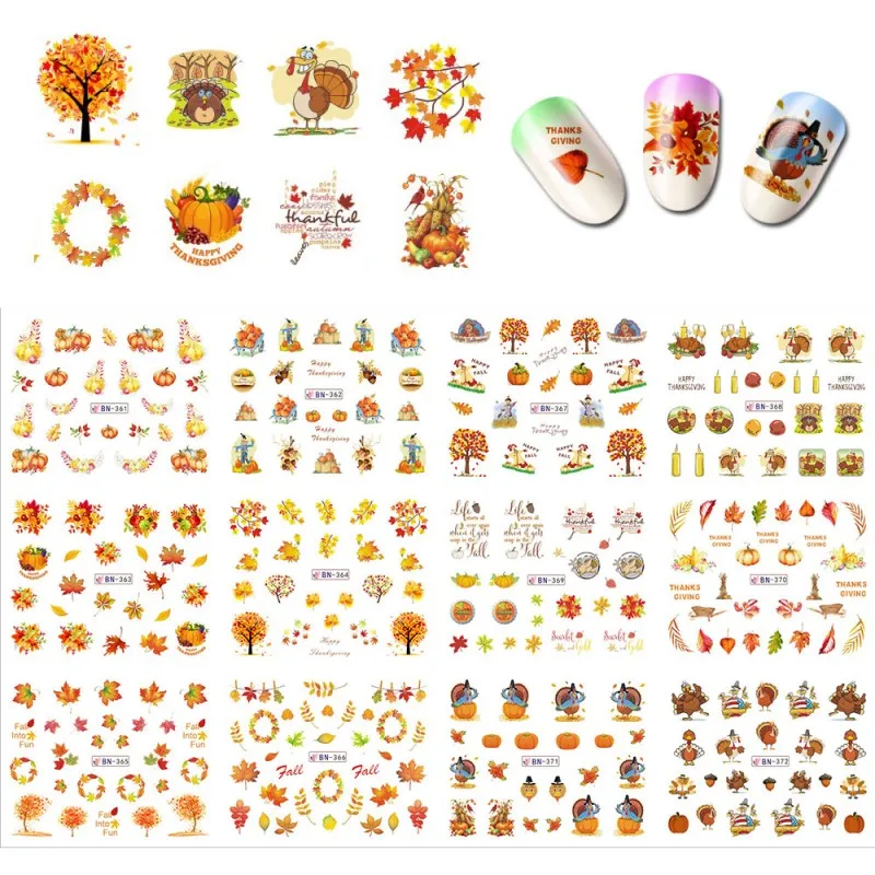 

12 Designs In One Set Thanksgiving Nail Sticker Water Transfer Nail Art Decal Yellow Leaf Turkey Designs Decorations BN361-372
