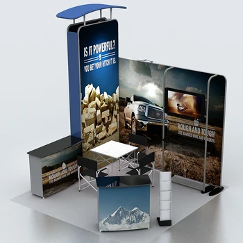 Price 10ft Portable Tension Fabric Trade Show Display Pop Up Stand Booth System Sets With TV Mount Counter Lights