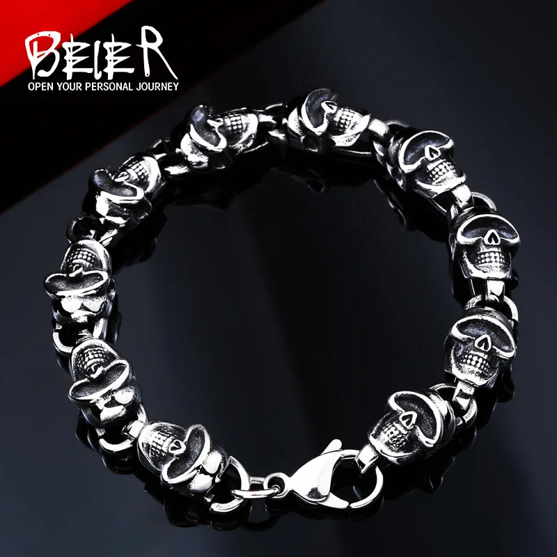 

Unique Skull Heavy Metal Chain Bracelet Stainless Steel Man's High Quality Fashion Skeleton Jewelry US EURO Hot Gift BC8-020