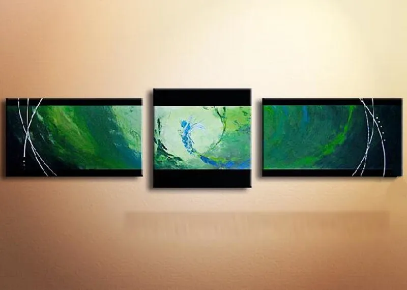 

Modern 3 Panel Painting Pictures Home Decor Wall Art Hand Painted Abstract Lines Green Oil Paintings on Canvas for Living Room