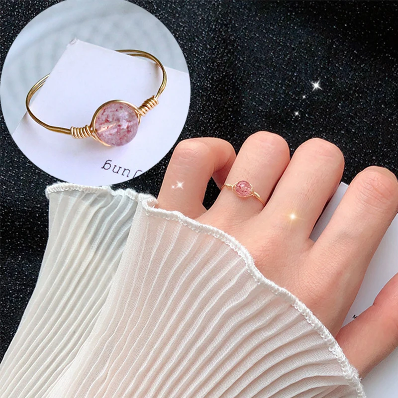 

Minimalist Gold Strawberry Stone Crystal Transfer Beads Tail Rings Sweet Simple Rings Ladies Birthday Gift Women Charm Jewelry