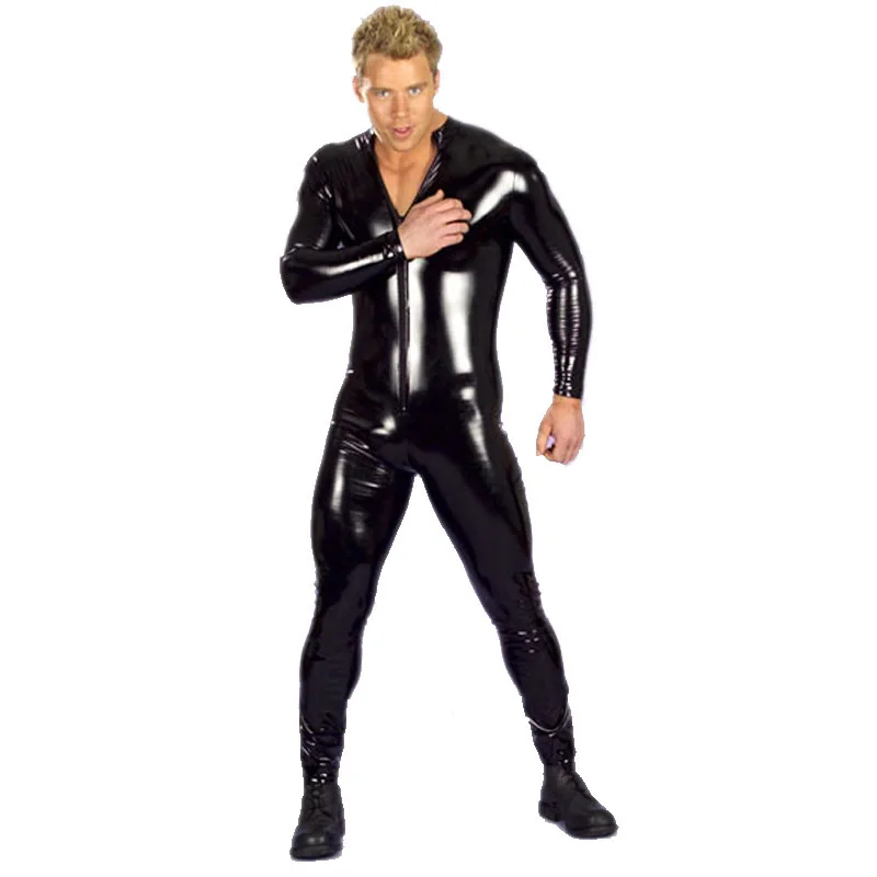 Сексуальный мужской комбинезон размера плюс S-XXXL, эротический костюм-трико из искусственной кожи, костюм зентай, мужское черное боди для танцев на шесте, одежда