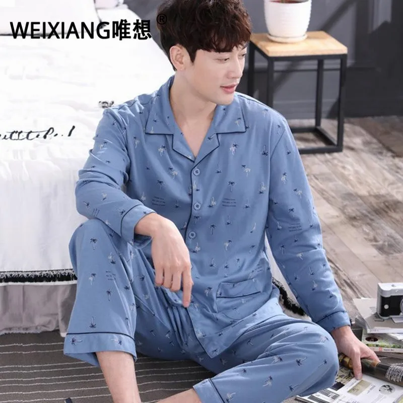 WEIXIANG New Autumn Men Pajama Sets Breathable Cotton Long Sleeve Male