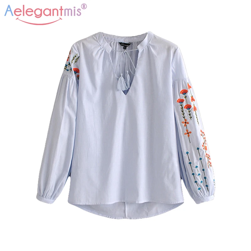 

Aelegantmis 2018 Summer Women Cotton Tops Ladies Fashion Floral Embroidery Blouse Female Casual V Neck Long Sleeve Striped Shirt