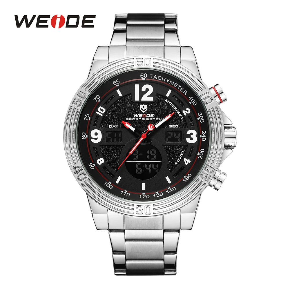 

WEIDE Top Luxury Brand Mens Watch Stopwatch Auto Date Clock Dual LCD Display Water Resistant Stainless Steel Band Quartz Watches