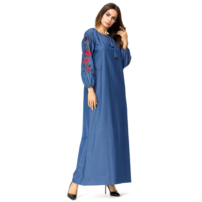 MISSJOY/Турецкая абайя, мусульманская одежда, платье для молитвы, мусульманское платье с длинным рукавом, Цветочная вышивка, синие джинсовые вечерние платья, модное женское платье