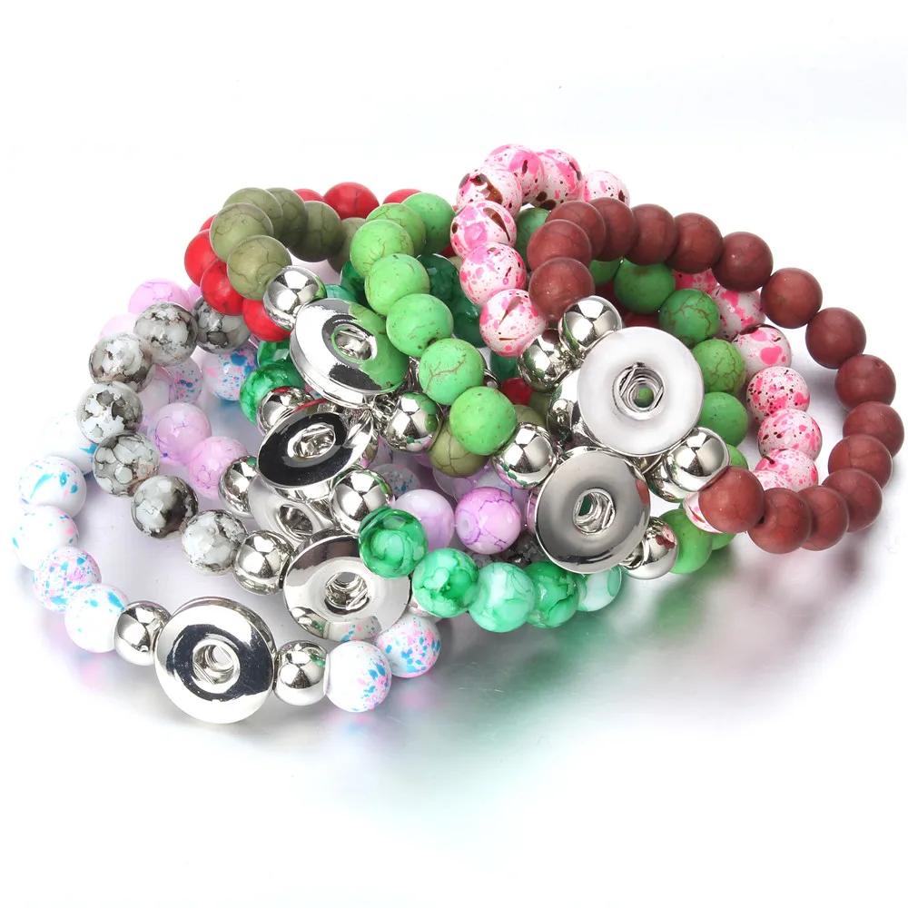 

New Beaded Snap Bracelet Handmade 10MM Natural Stone Beads Snap Button Bracelet Elastic Bangle fit 18mm Snap Buttons Jewelry