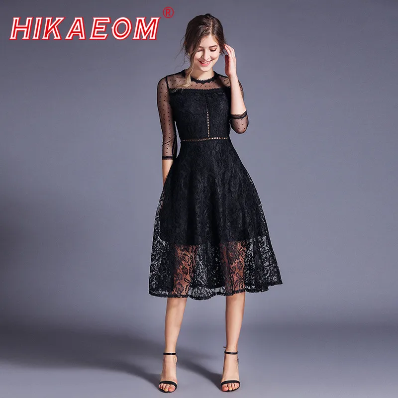 

New Fashion Women Black Dot Print Transparent Lace Dress Medium Length Design Sweet Mesh Aline Dresses Elegant Vestidos