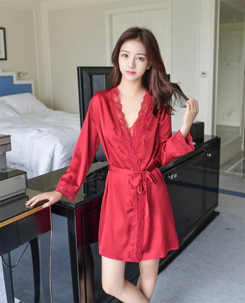 Сплошной цвет для женщин кружево шифоновый халат и набор ночных рубашек двойка халат sp0086