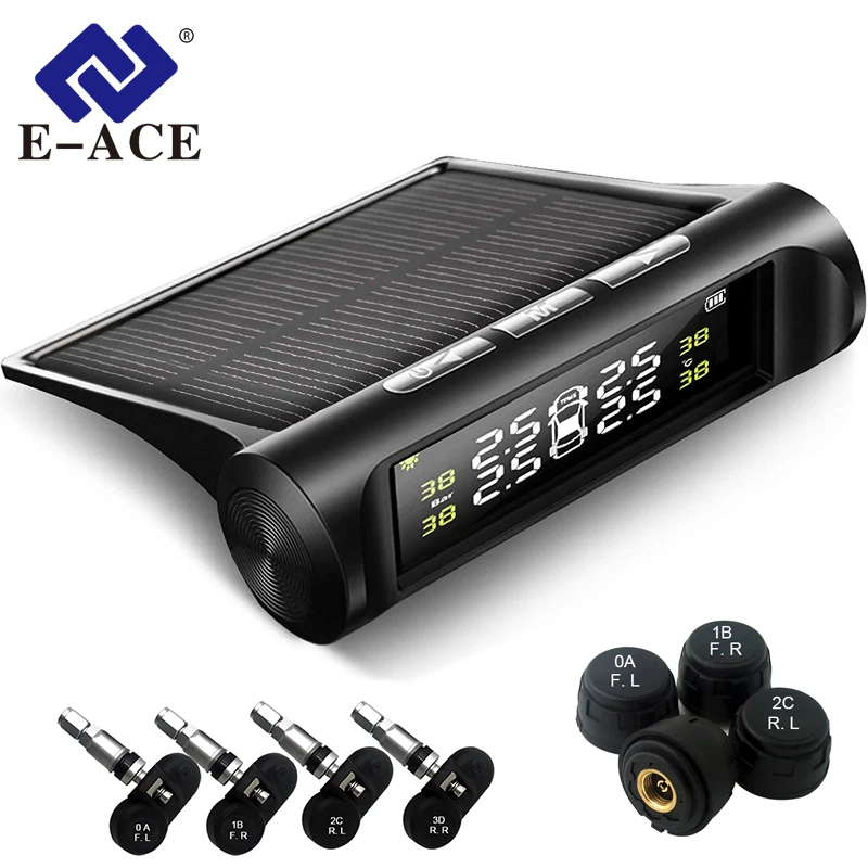 E-ACE Solar Power TPMS Car Tire Pressure Alarm Monitor System Auto Security Alarm Systems Tyre Pressure Temperature Warning