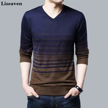 Liseaven, мужской пуловер, свитер с v-образным вырезом, мужские свитера с полосатым рисунком, с длинным рукавом, хлопковые топы, мужские пуловеры