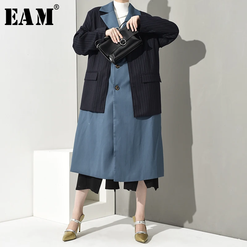 

[EAM] 2019 New Autumn Winter Lapel Long Sleeve Blue Hit Color Striped Split Loose Big Size Jacket Women Coat Fashion JO1790