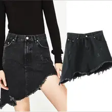 Летняя модная женская короткая юбка Стиль Высокая талия вымытые женские неровные края джинсовая юбка