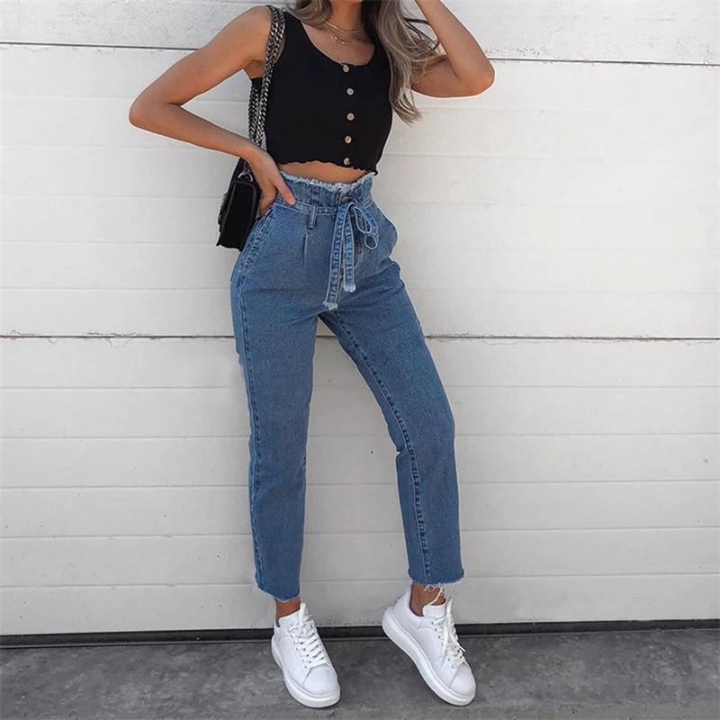 Women Vintage Jeans High Waist Stretch Skinny Denim Female Tassel Pencil Pant Autumn Ankle Length font