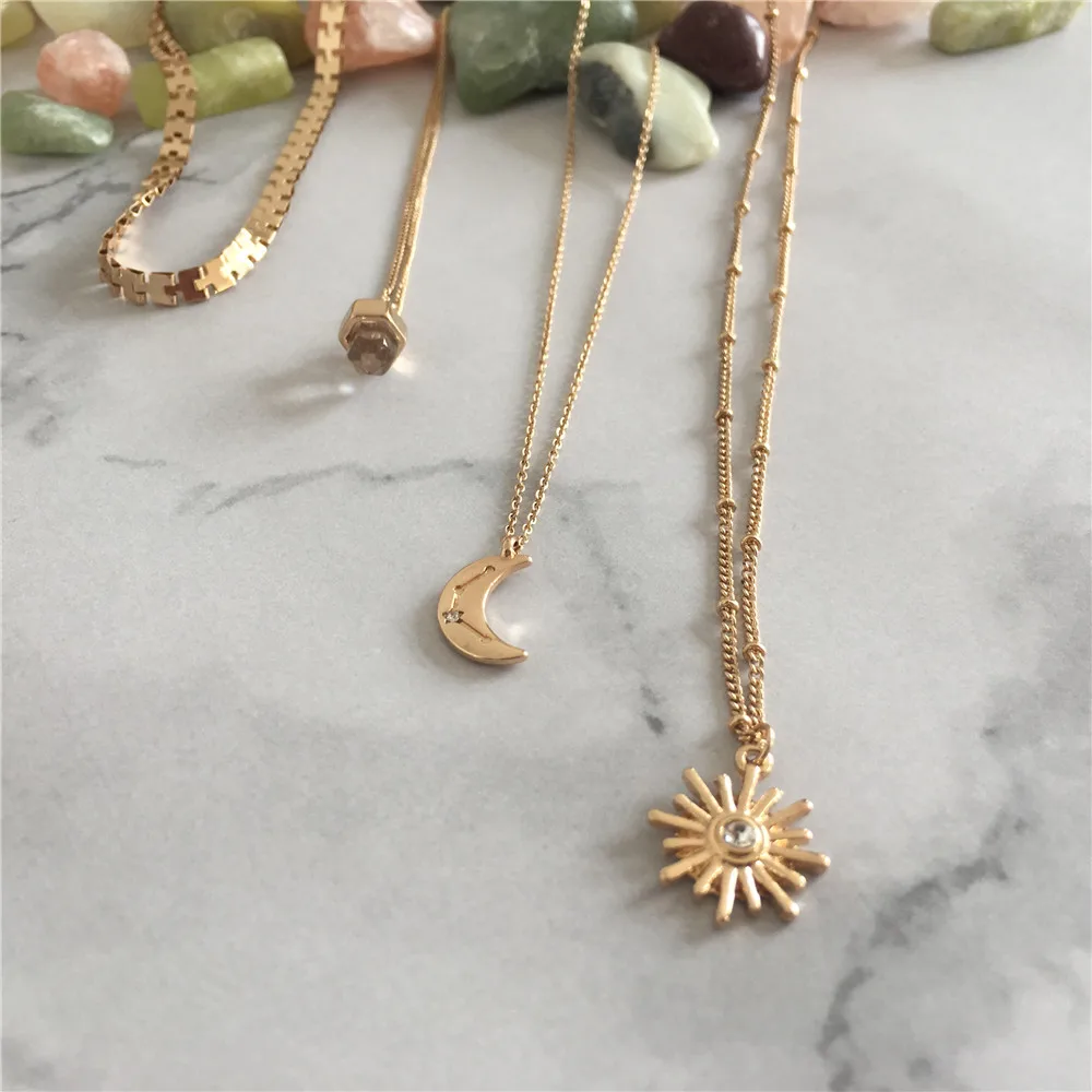 

LOVELY WOMEN NECKLACE GOLD COLOR PLATING MOON STONE FLOWER SUN CHARM LAYERED NECKLACE