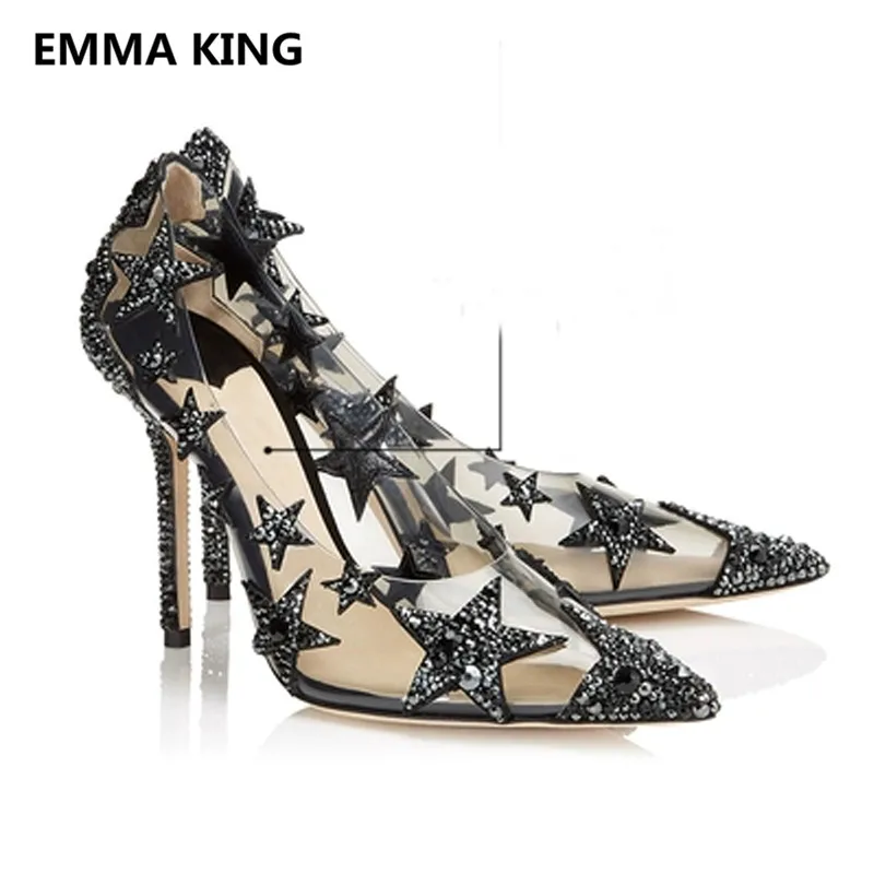 

Black Crystal Star Studded Women Pumps Pointed Toe Sexy PVC Clear High Heels Ladies Party Wedding Shoes Woman Spring Autumn Pump
