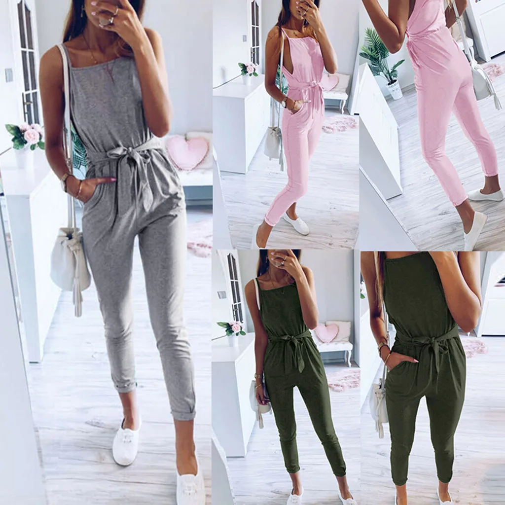 Womens Sleeveless Playsuit Ladies Casual Sashes Loose Wide Leg Long Pants Jumpsuit Monos Largos Mujer Pantalon Largo 50