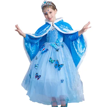 

christmas Girls Cinderella dress Teenagers Blue long Full Sleeves Costume Kids Princess Party Dresses Cosplay Free butterfly