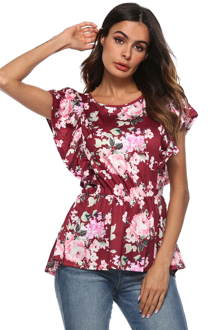 Gladiolus 2018 Floral Print Women T-Shirts O-Neck Butterfly Sleeve Blue Red Slim T Shirt Women Summer Casual Ruffled Ladies Tops (13)
