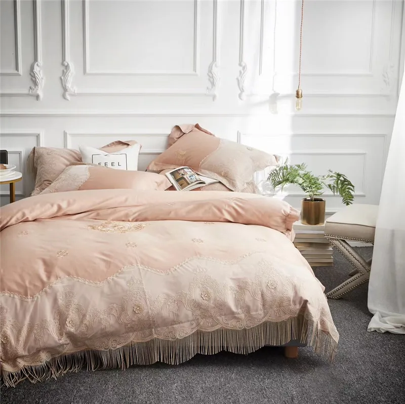 Beige luxury Embroidery 80S Egyptian cotton Princess Girl Bedding set