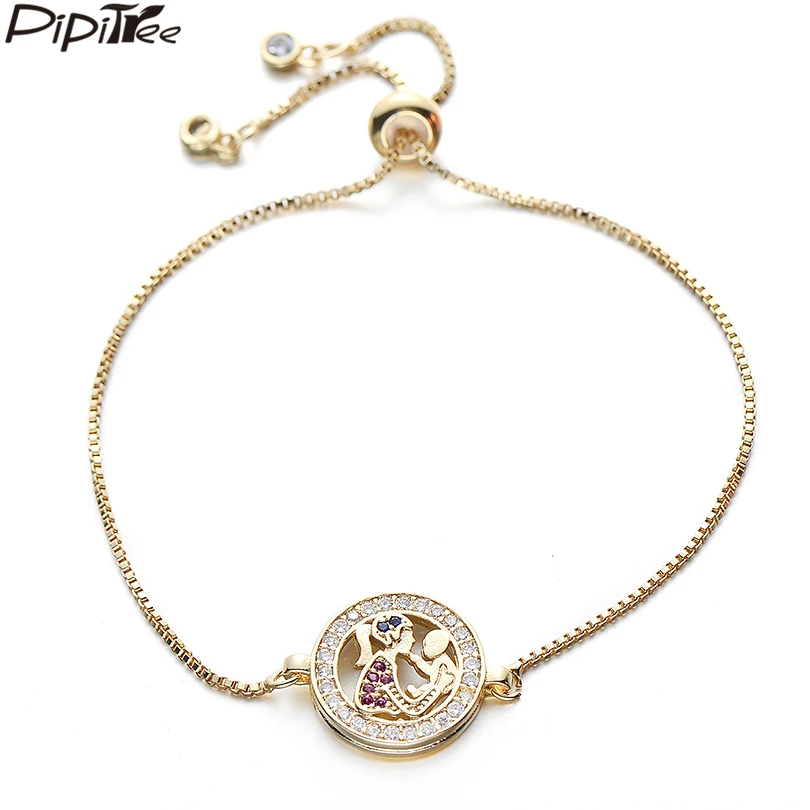 

Pipitree Hollow Round Charm with Mom and Baby in Middle Cubic Zircon Bracelet Women Jewelry Adjustable Chain Bracelets & Bangles